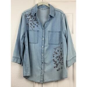 Serengeti Chambray Embroidered Floral Button Down Shirt Cotton L